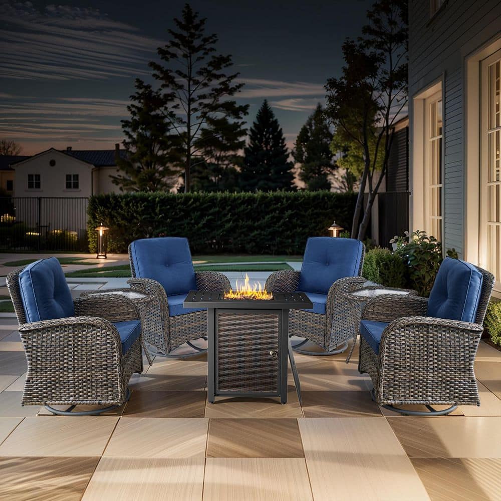 Carlos 7-Piece Wicker Patio Rectangle Fire Pit Conversation Set with Blue Cushions, Swivel Chairs and Side Table price history on PriceWatchPro