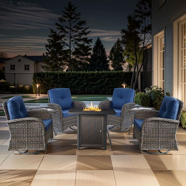 Carlos 7-Piece Wicker Patio Rectangle Fire Pit Conversation Set with Blue Cushions, Swivel Chairs and Side Table