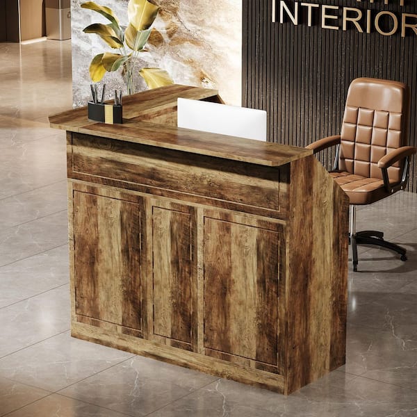 BYBLIGHT Lanita 51.2 in. L-Shaped Brown Wood Reception Desk with Storage Shelves, Modern Front Desk Reception Counter Table