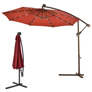 10 ft. Steel Market Hanging Solar LED Patio Umbrella with Base in Burgundy