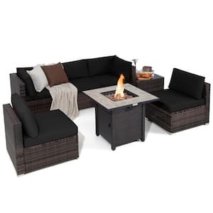 7-Piece Wicker Patio Conversation Set 30 in. Fire Pit Table Cover Rattan Sofa with Black Cushions