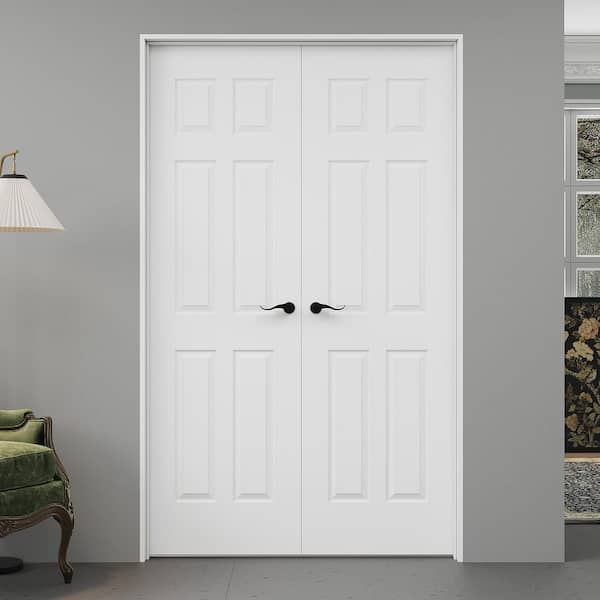 48 in. x 80 in. 6-Panel Universal Painted Solid Core Wood Assembly Required Double French Door with Jamb
