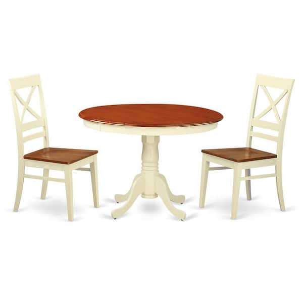 East West Furniture 3-Piece Buttermilk and Cherry Solid Wood Top - Round Dining Room Set - Seats 4