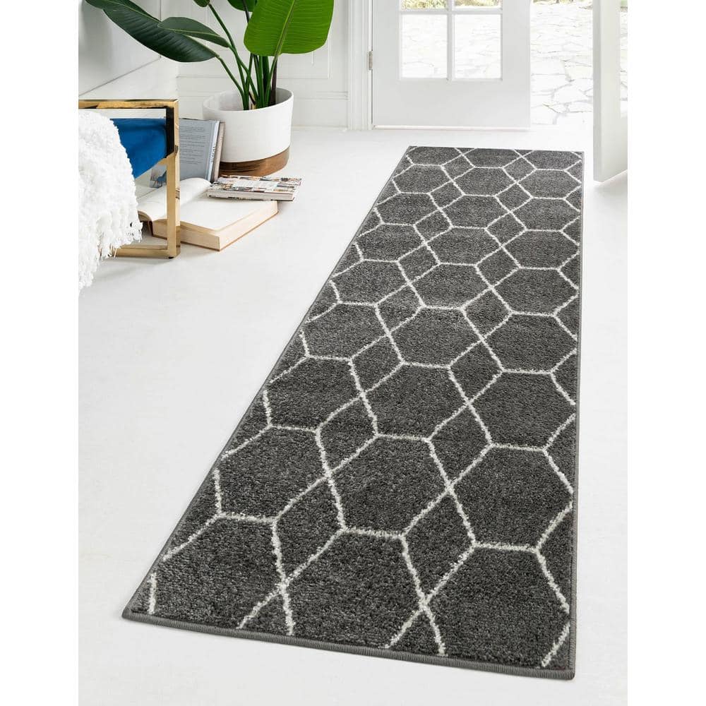 Dark Gray and Ivory Geometric Trellis Runner Rug