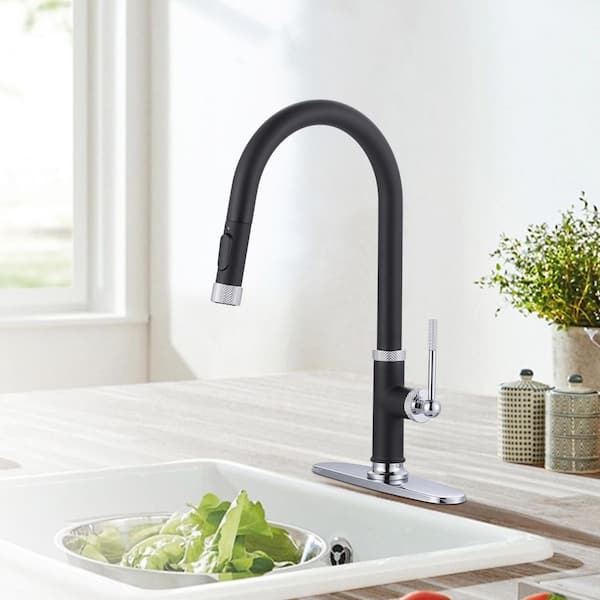 17 in. Single Handle Pull Down Sprayer Kitchen Faucet with 360° Spout Swivel in Polished Chrome and Black