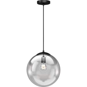 1-Light 12 in. Black Globe Shade Indoor Mini Pendant with Clear Glass