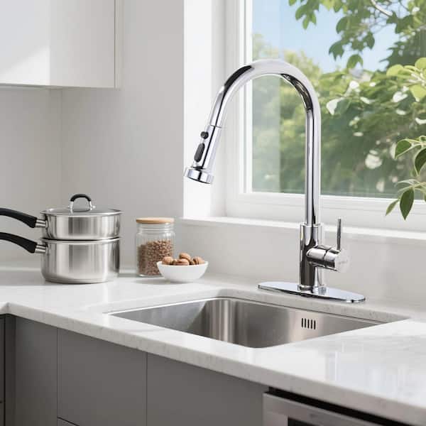 3-Mode Single Handle Pull Down Sprayer Kitchen Faucet with Deckplate in Chrome