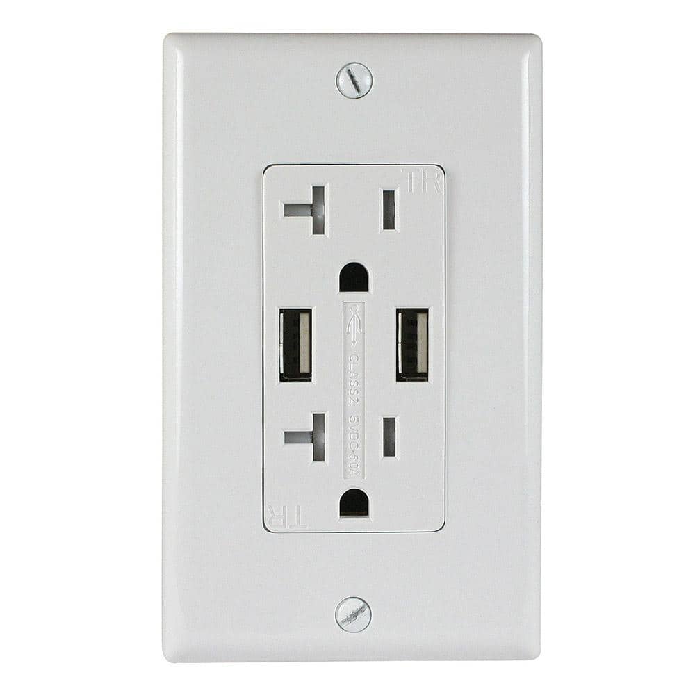 ASI Two 5 Amp USB Two 20 Amp AC Wall Outlet and USB Charging Ports Wall  Plate Tamper Resistant, White  - The Home Depot