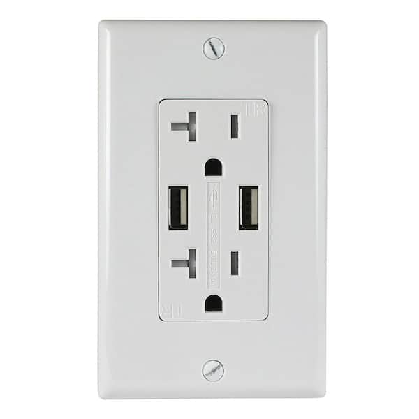 ASI Two 5 Amp USB Two 20 Amp AC Wall Outlet and USB Charging Ports Wall  Plate Tamper Resistant, White ATUR5.0-20-W - The Home Depot
