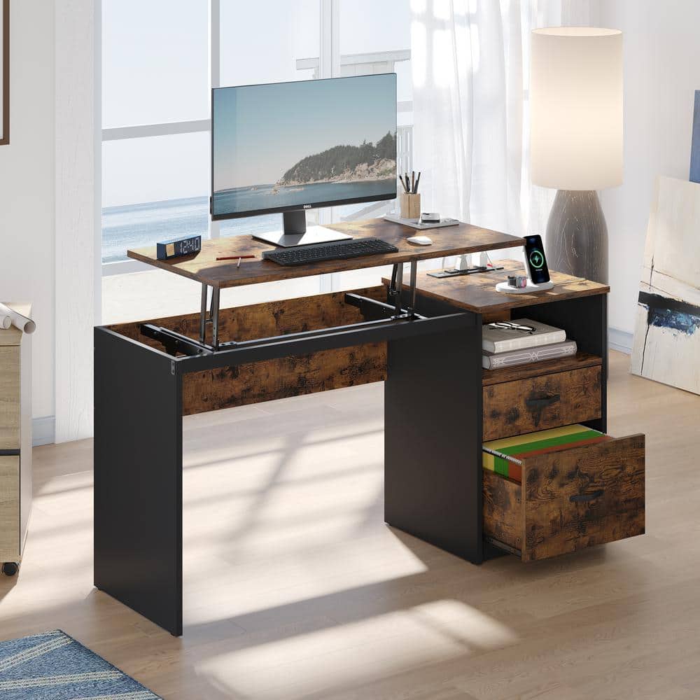 Rustic Brown Adjustable Height Computer Desk with Power Outlets and Drawers