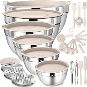 26-Piece Stainless Steel Khaki Mixing Bowls Set with Airtight Lids and 3-Grater Attachments