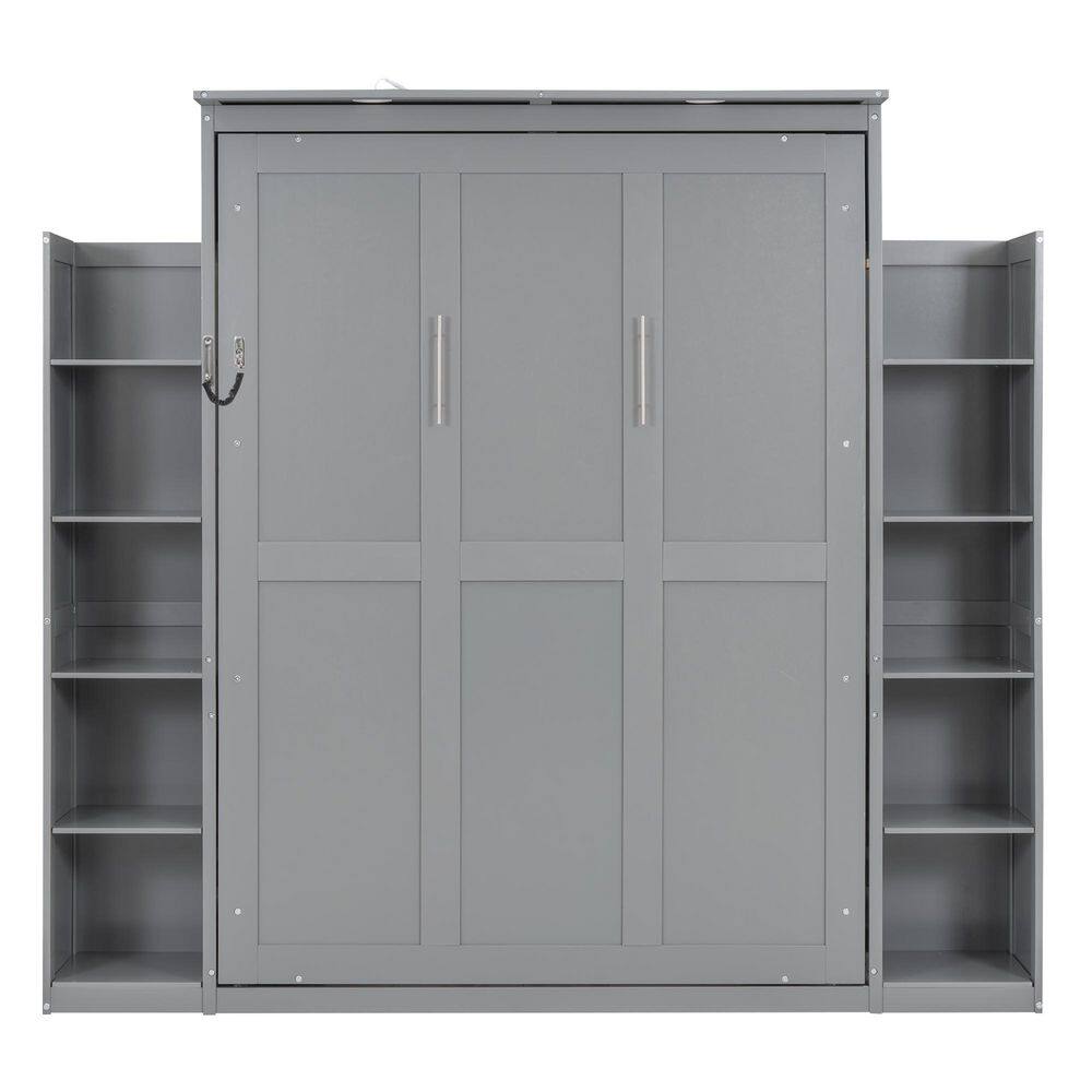 Gray Wood Frame Queen Size Murphy Bed Wall Bed with Storage Shelves and LED Lights - thumbnail 7