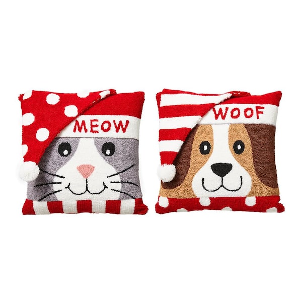 Glitzhome 2-Pack 14 in. L Hooked 3D Meow and Woof Pillow