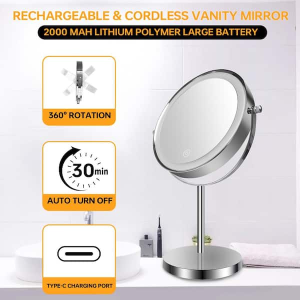 Tileon in. Small Round 1X/10X Magnifying Freestanding Tabletop Makeup  Mirror with Light and Built-in battery in Chrome AYBSZHD2746 The Home  Depot