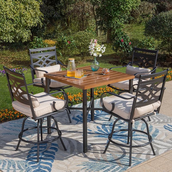 PHI VILLA 5-Piece Metal Patio Bar Height Outdoor Dining Set with Squre Table with Beige Cushions