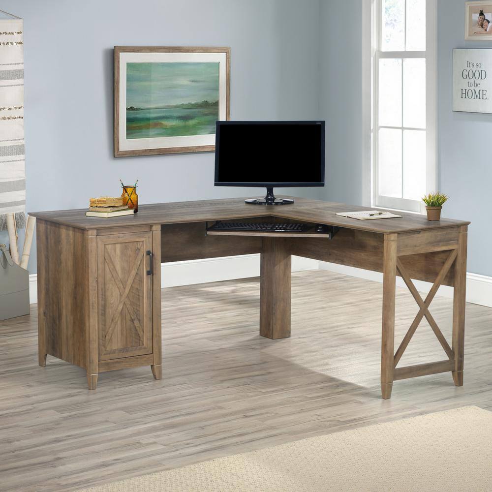 Rustic Oak L-Shaped Corner Desk with Drawer and Keyboard Tray