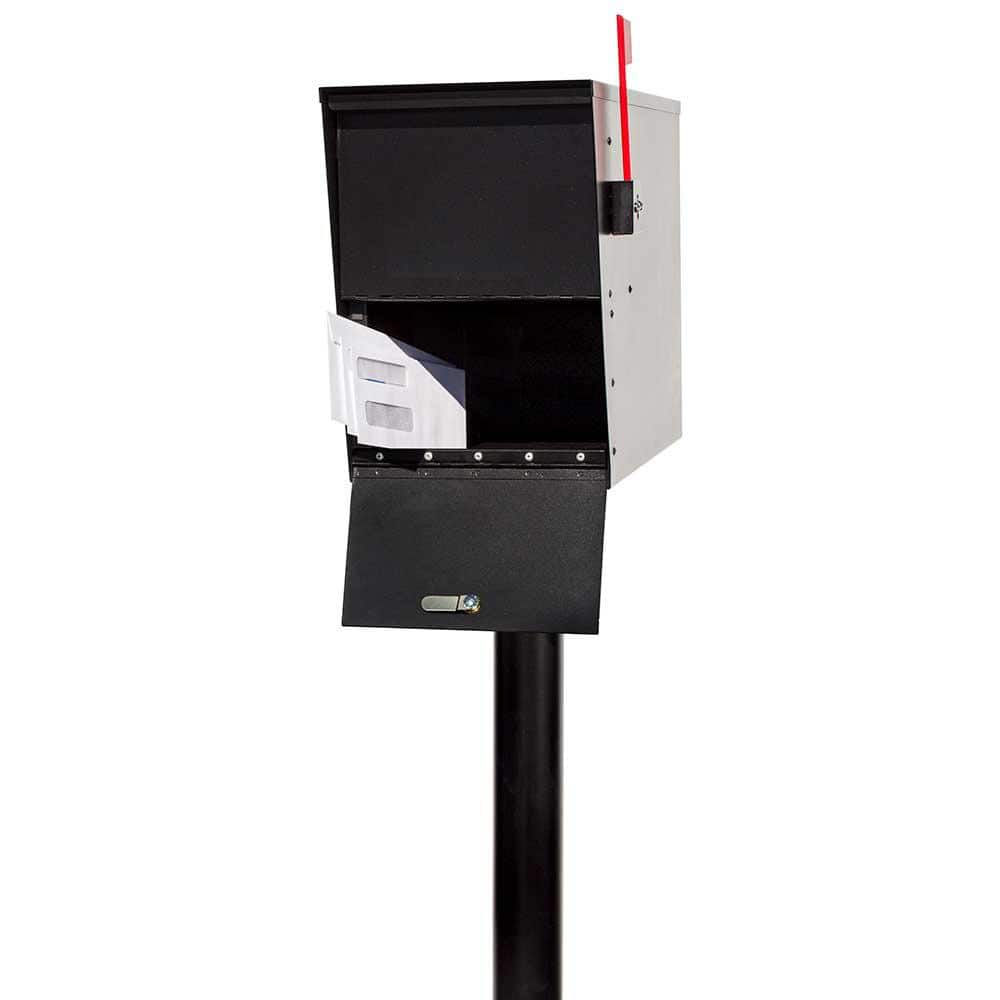 Black Steel Locking Post Mounted Mailbox with Red Flag