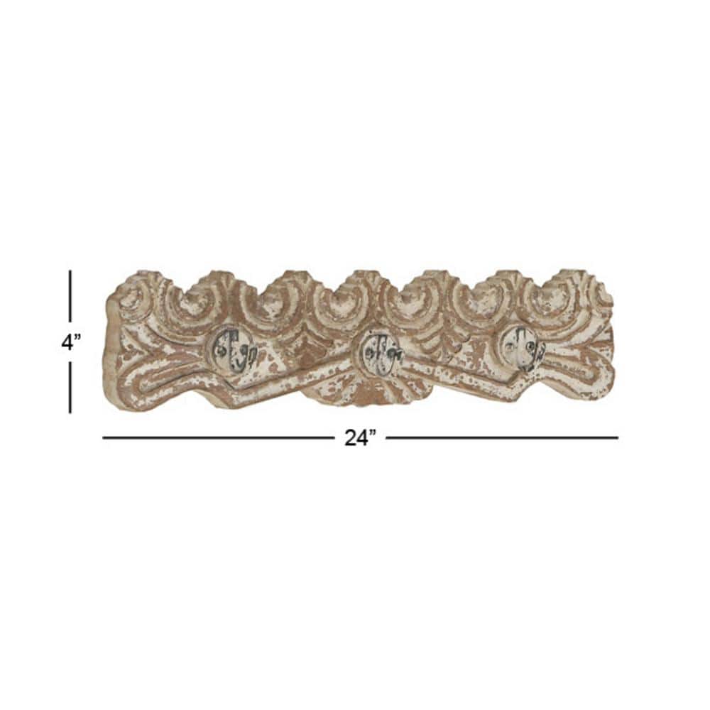 Distressed Brown Mango Wood and Iron Carved Wall Hook Rack