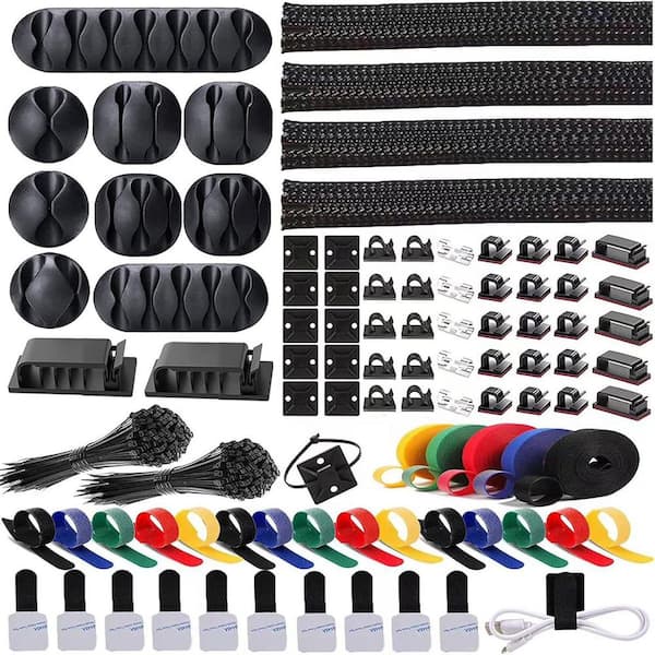 OBJLGEV Cable Management Kit 300 Piece with 4 Sleeves 35 Clips 11 Holders 20 Straps 200 Ties 20 Mounts for Computer TV Desk
