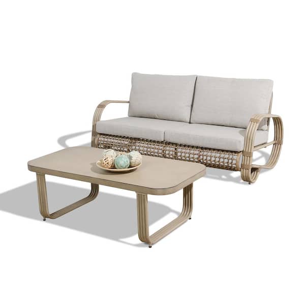 ULAX FURNITURE 2-Pcs Aluminum Outdoor Patio Conversation Set with 2-Seater Sofa and Coffee Table