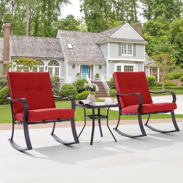 3-Piece Metal Frame Outdoor Bistro Set 2 Rocking Chairs with Red Cushions and Tempered Glass Side Table