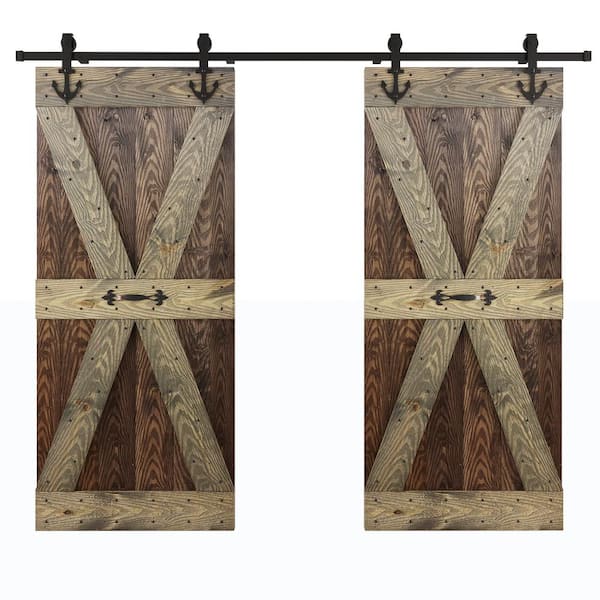 COAST SEQUOIA INC 72 in. x 84 in. X-Series Embossing Dark Walnut/Aged Barrel DIY Knotty Wood Double Sliding Door With Hardware Kit