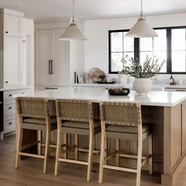 Cohen 24 in. Natural Brown Wood Mid-Century Faux Leather Counter Height Bar Stool, with Woven Back for Kitchen, Set of 4
