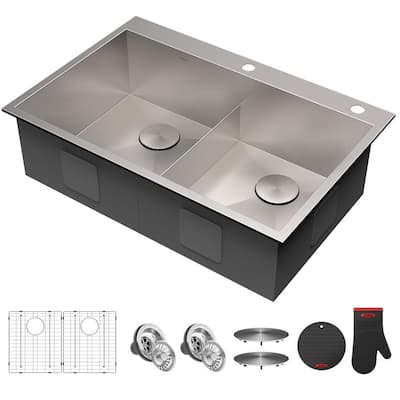 Pax Drop-In Stainless Steel 33 in. 2-Hole 50/50 Double Bowl Kitchen Sink