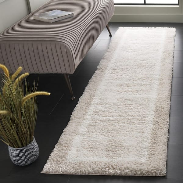Tahoe Shag 2 ft. x 8 ft. Beige/Ivory Distressed Border Runner Rug