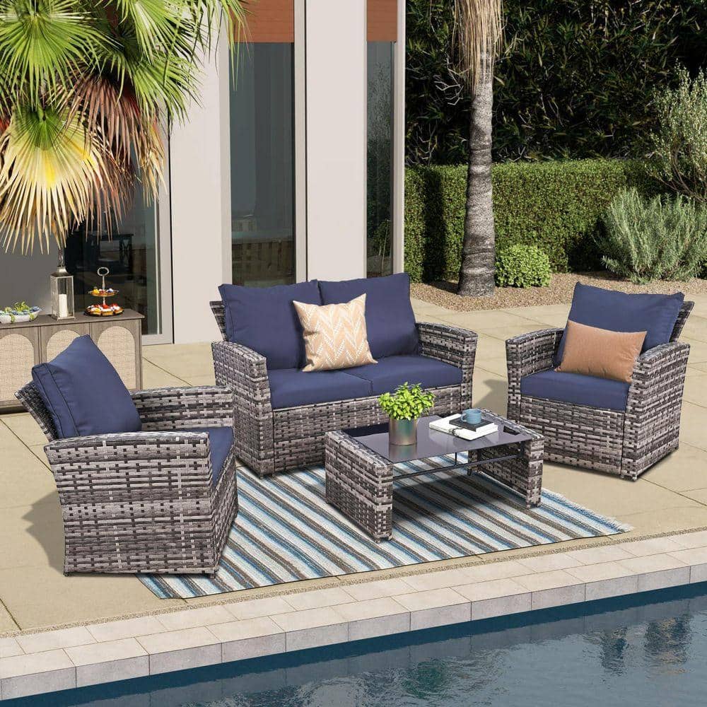 4-Piece Gray Outdoor Wicker Conversation Sets with Blue Cushions and Coffee Table for Outside