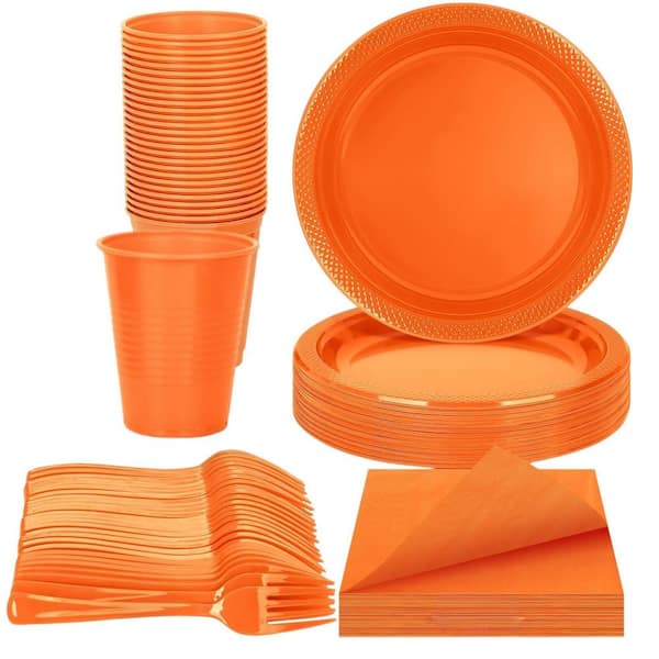 200-Piece Orange Disposable Plastic Party Supplies with 9 in. Dinner Plates, Napkins, Cups and Cutlery for Halloween