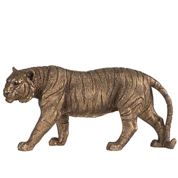 Unbranded Antique Gold 11.5 in. x 5.5 in. Resin Tiger Statue, Gleaming Coppery Finish for Home Table Decor
