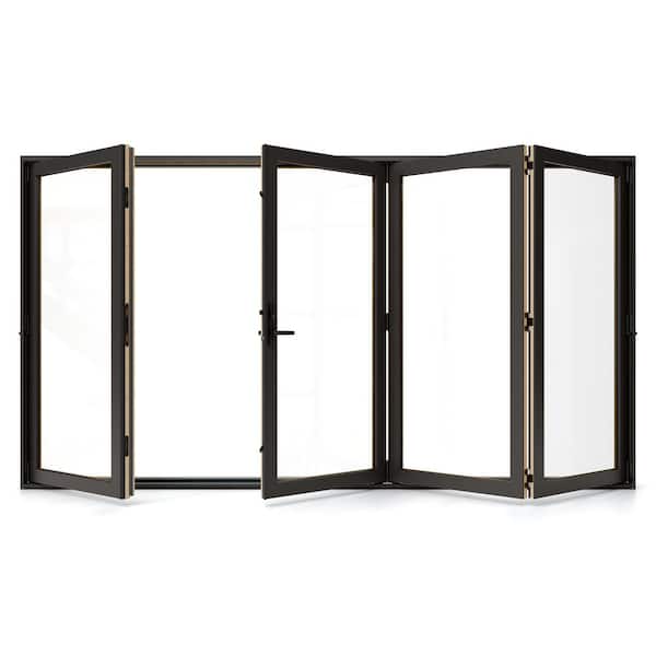 JELD-WEN W5500 124 in. x 80 in. Bronze Left Hand/Outswing Aluminum Clad Wood 4-Panel Prehung Folding Patio Door
