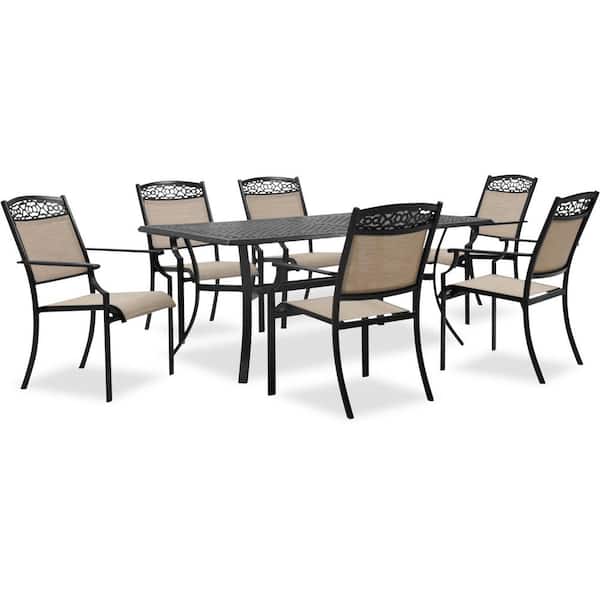 Cambridge Tulla 7-Piece Set with 6 Sling Stationary Chairs and 39 in. x 68 in. Cast-Top Dining Table in Tan