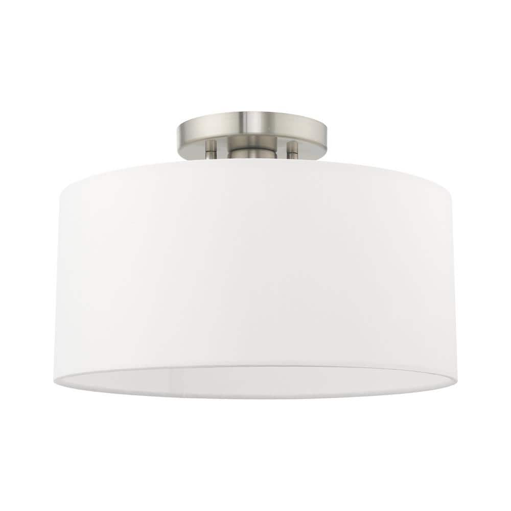 Modern Brushed Nickel Indoor/Outdoor Drum Ceiling Light with Off-White Shade