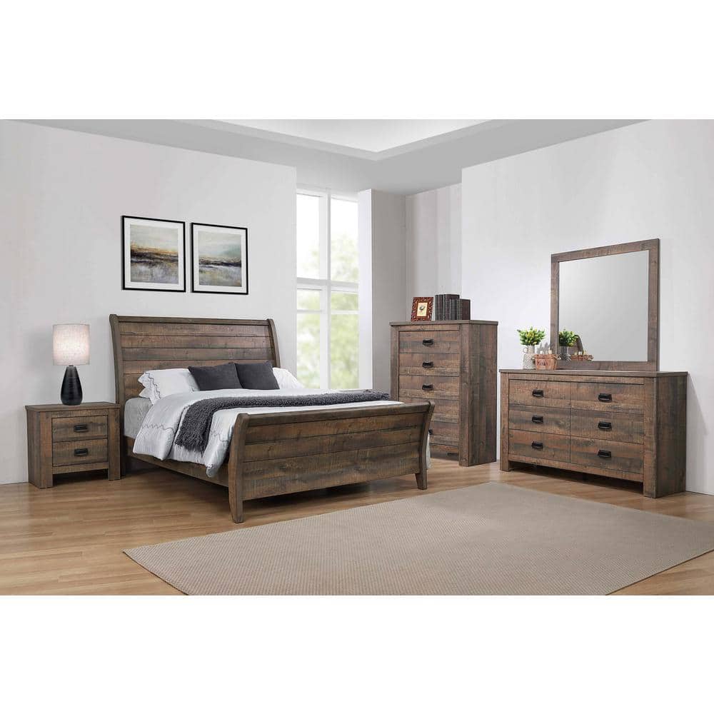 Frederick Weathered Oak Queen Sleigh Bed with Tufted Upholstery