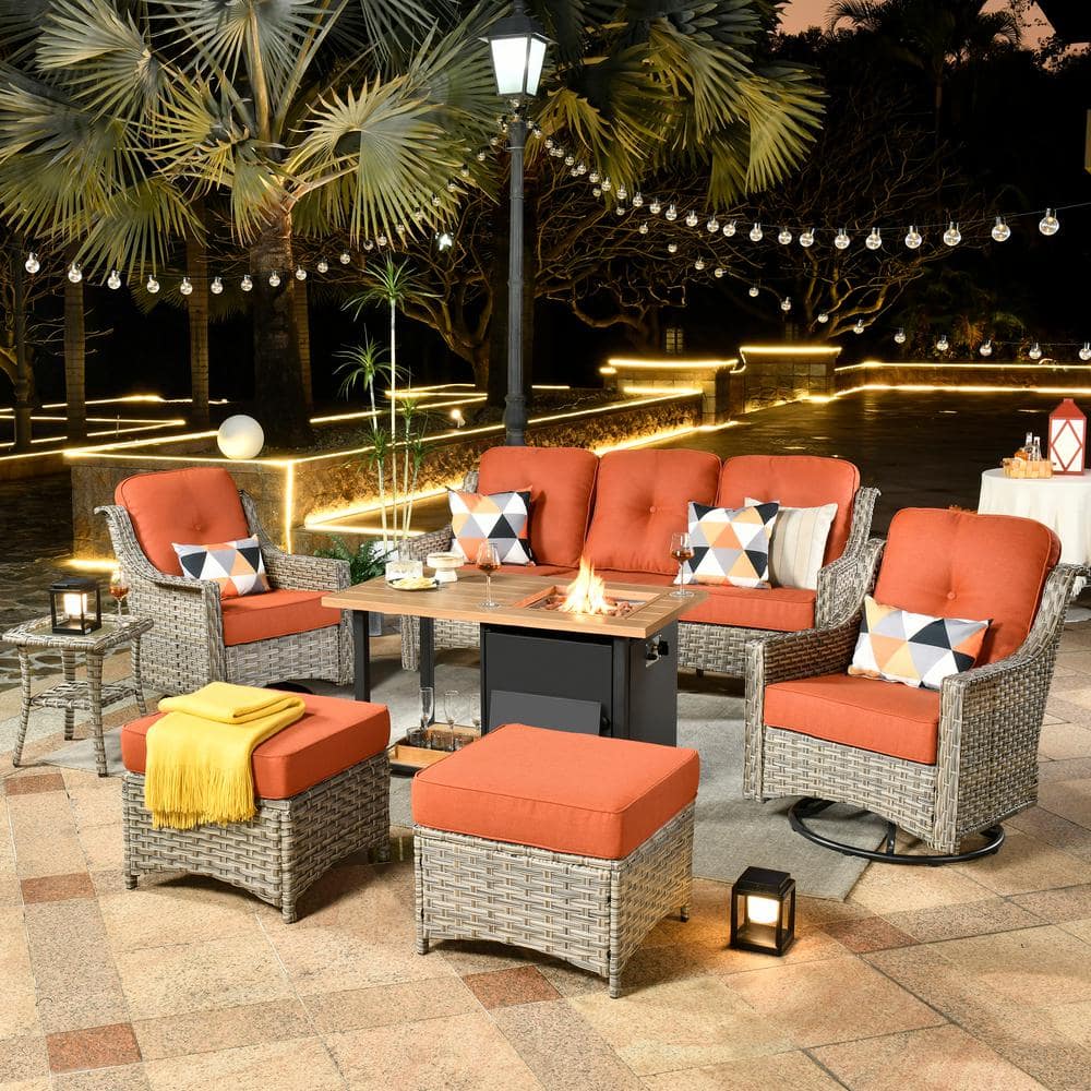 HOOOWOOO Verona Gray 7-Piece Wicker Outdoor Fire Pit Patio Conversation ...