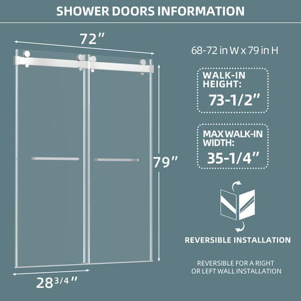 Zeafive 72 in. W x 79 in. H Soft Close Double Sliding Alcove Frameless  Glass Shower Door in Brushed Nickel 3/8 in.Tempered Glass ZSD-3BN7 - The Home  Depot