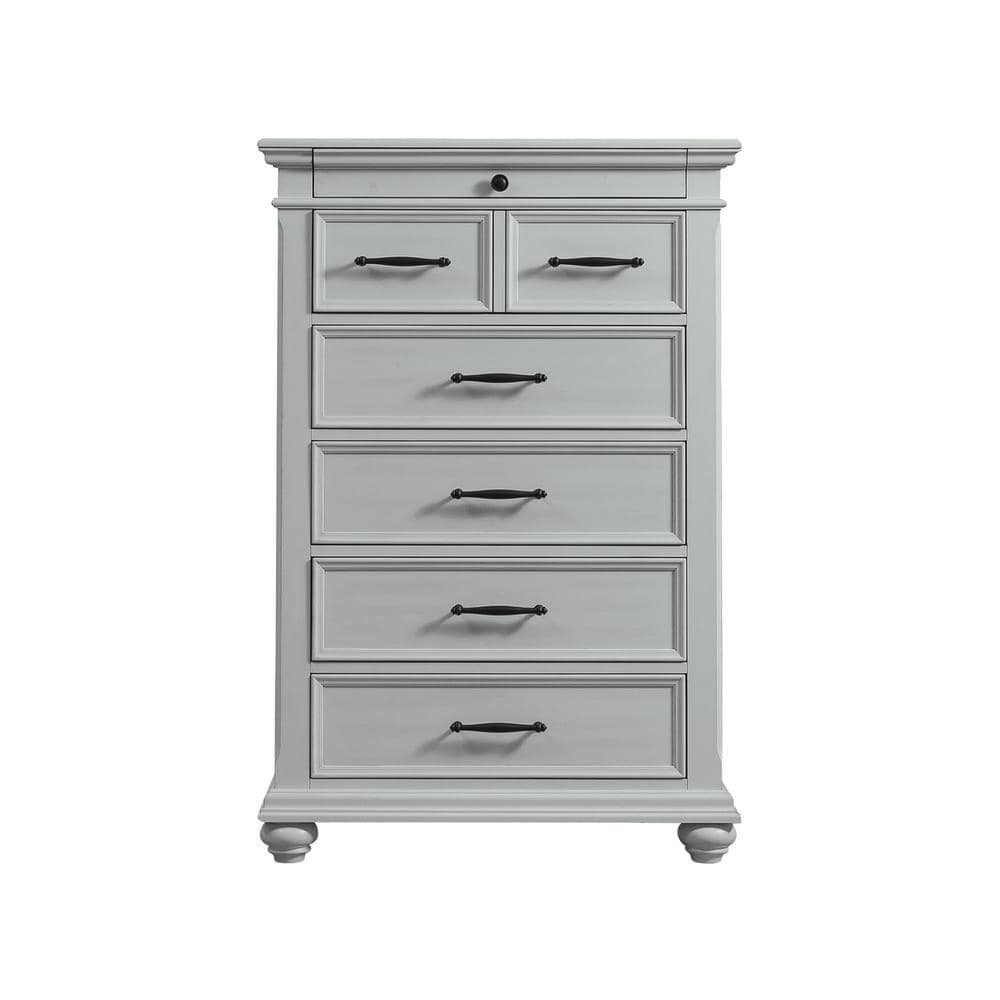 Elegant Gray 6-Drawer Wooden Chest with Bevel Edges and Bun Feet