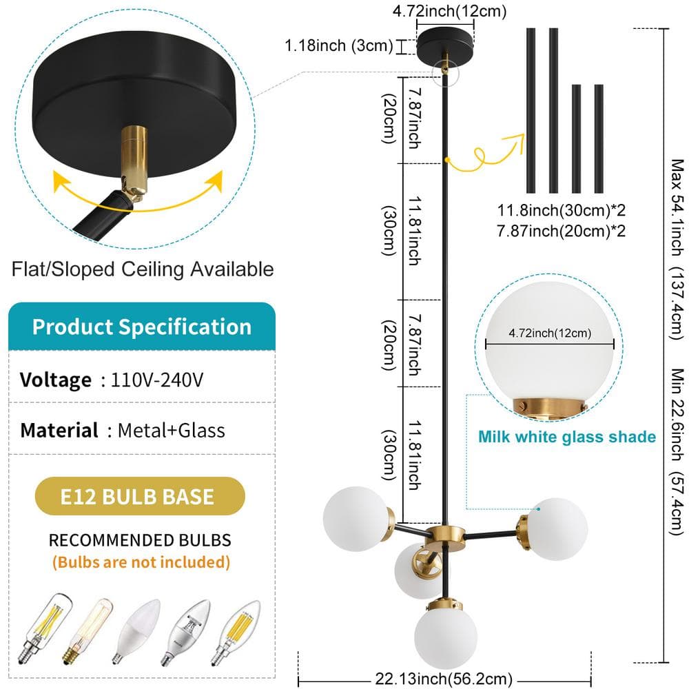 Black and Gold 4-Light Sputnik Chandelier with Milk Glass Shades