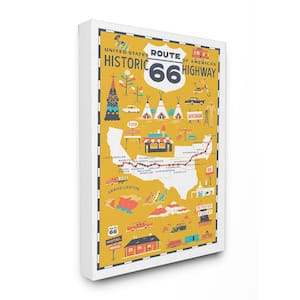 24 in. x 30 in. "US Route 66 Historic Highway Mustard Yellow Illustrated Scenic Map Poster" by Vestiges Canvas Wall Art