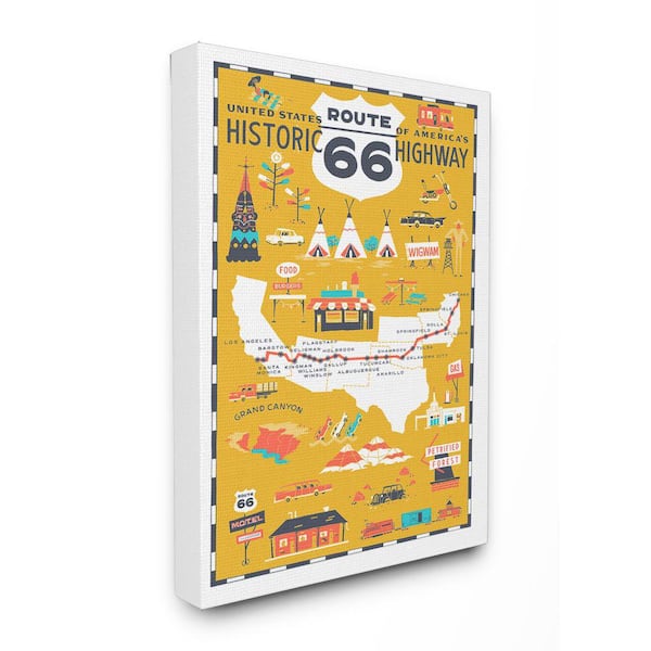 Stupell Industries 24 in. x 30 in. "US Route 66 Historic Highway Mustard Yellow Illustrated Scenic Map Poster" by Vestiges Canvas Wall Art