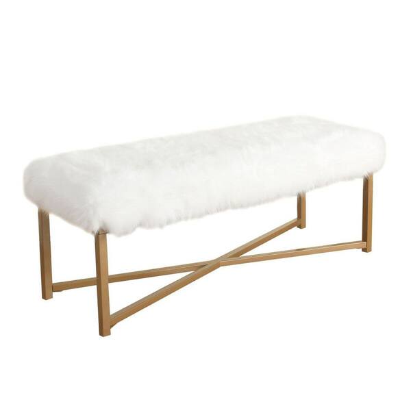 Homepop White Rectangle Bench with Faux Fur - 17 in. Height X 45 in. Width X 15.5 in. Deep