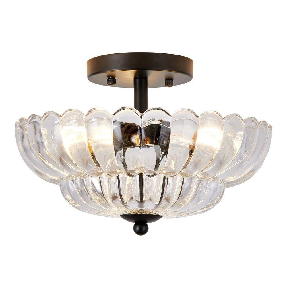 11.8 in. Vintage Scalloped Matte Black Semi-Flush Mount Ceiling Light with Flower Petal Clear Glass for Living Room price history on PriceWatchPro