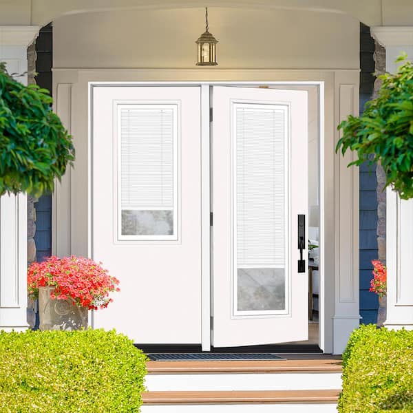 Legacy 60 in. x 80 in. Primed RHOS Center-Hinged Fiberglass 2/3 Tempered Glass Prehung Double Patio Door with Blinds