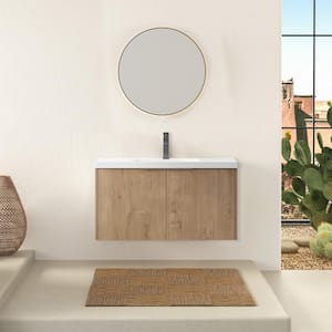 36 in. W Float Mounting Bathroom Vanity with White Sink and Top，in Yellow (Khaki), Modern or Simplicity