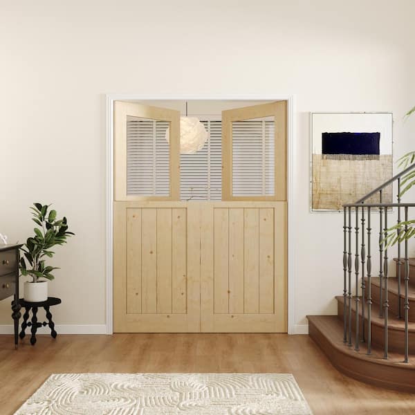 64in. x 80 in. Finished Dutch Door, Half Bore Clear Glass Split Interior Door Slab with Natural Pine Wood Color