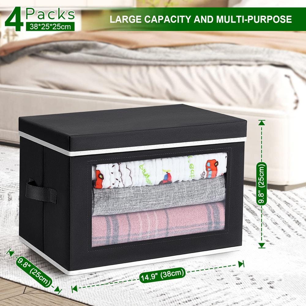 Black Fabric Foldable Cube Storage Bins with Clear Window, 4-Pack