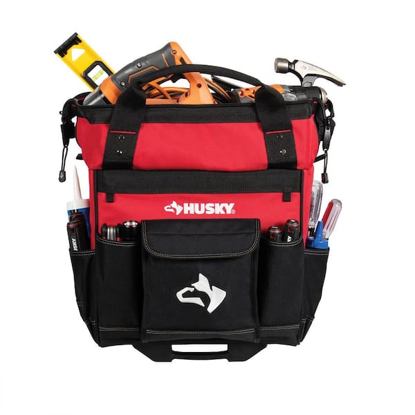Husky 14 in. 13-Pocket Red Rolling Tool Bag with Telescoping