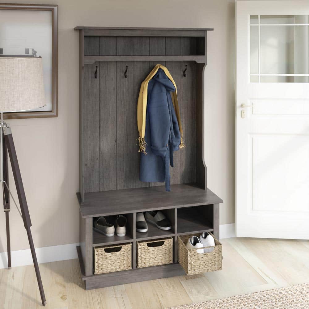 Weathered Gray Hall Tree with Woven Basket Storage